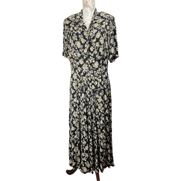 Vintage Carole Size 16 Boho Artsy Maxi Dress Rayon Black Ivory Floral Blouson - Picture 1 of 8